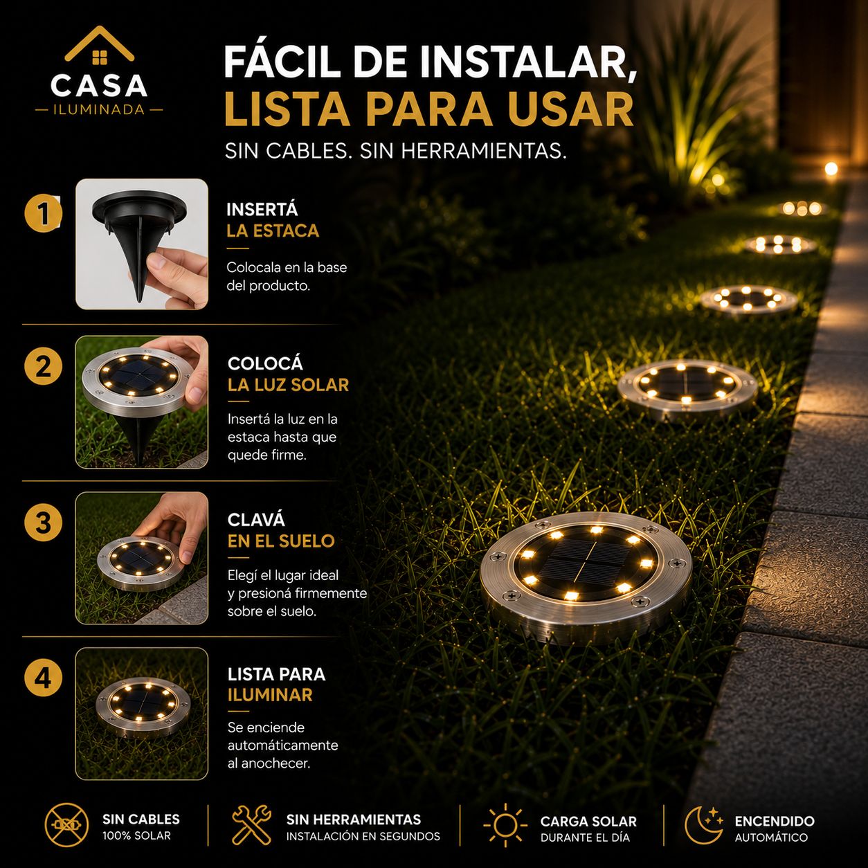 Estaca Solar Pinche casa iluminada  16 Leds X 4 Unidades Cálida Estructura