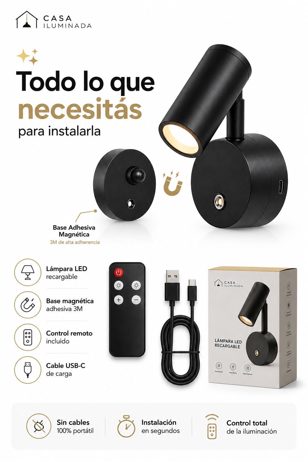 Lámpara de Pared LED con Interruptor Táctil Magnético Inalámbrico para Uso Nocturno