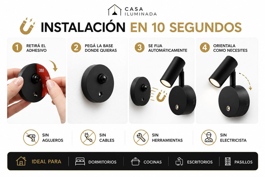 Lámpara de Pared LED con Interruptor Táctil Magnético Inalámbrico para Uso Nocturno