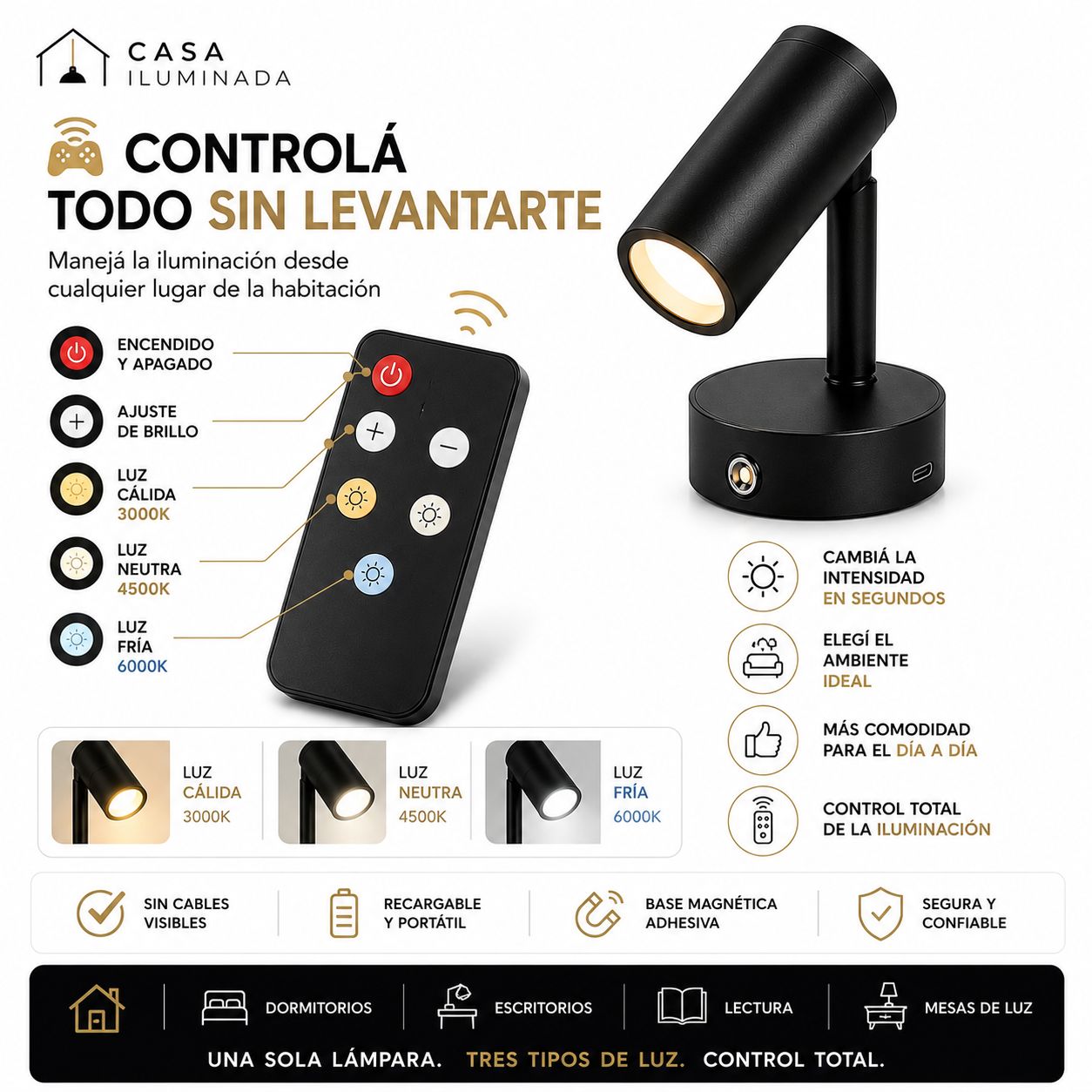 Lámpara de Pared LED con Interruptor Táctil Magnético Inalámbrico para Uso Nocturno
