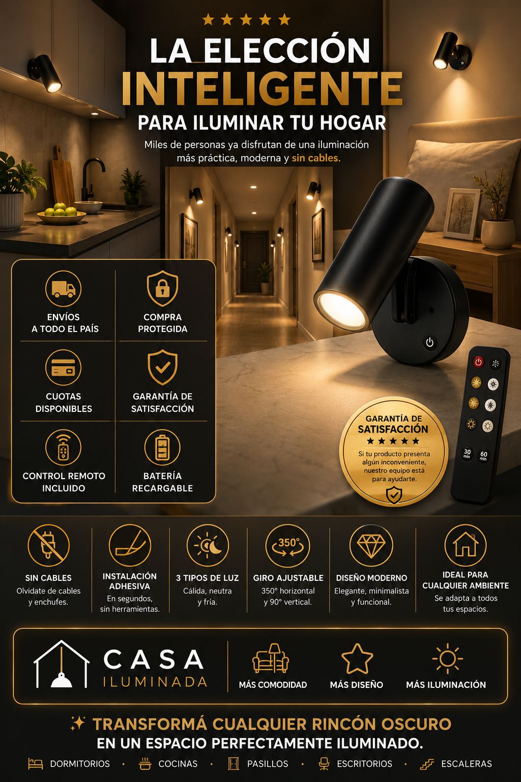 Lámpara de Pared LED con Interruptor Táctil Magnético Inalámbrico para Uso Nocturno